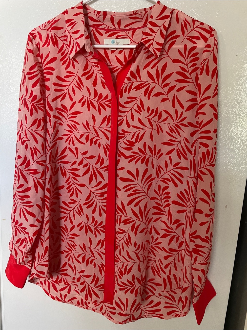 Boden US 10 100% Silk Pink Coral Red Leaf Print Button Collar Down Blouse
